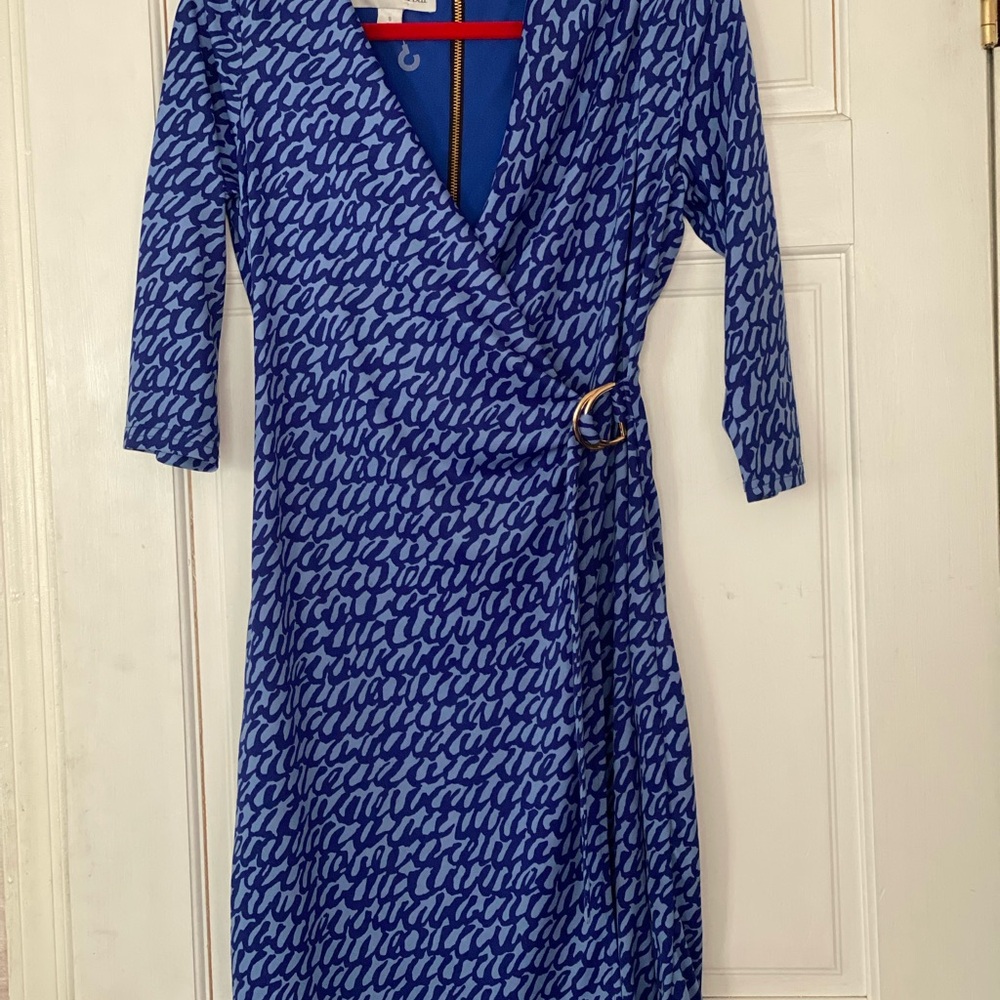 Sara Campbell Blue and Gold Faux Wrap Dress Made in USA Size Small Workwear